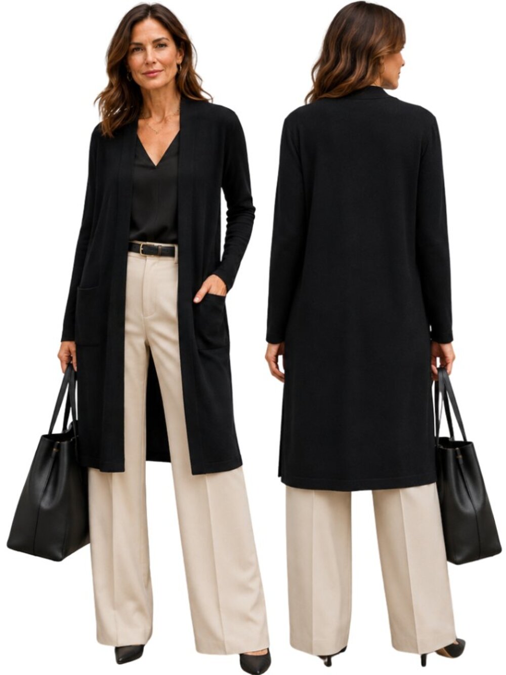Magaschoni Open Front Longline Duster Cardigan Sweater Womens XL Black Chic NWOT